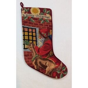 Vintage Needlepoint Stocking Wool Santa "A Joyous Christmas" Reindeer Window